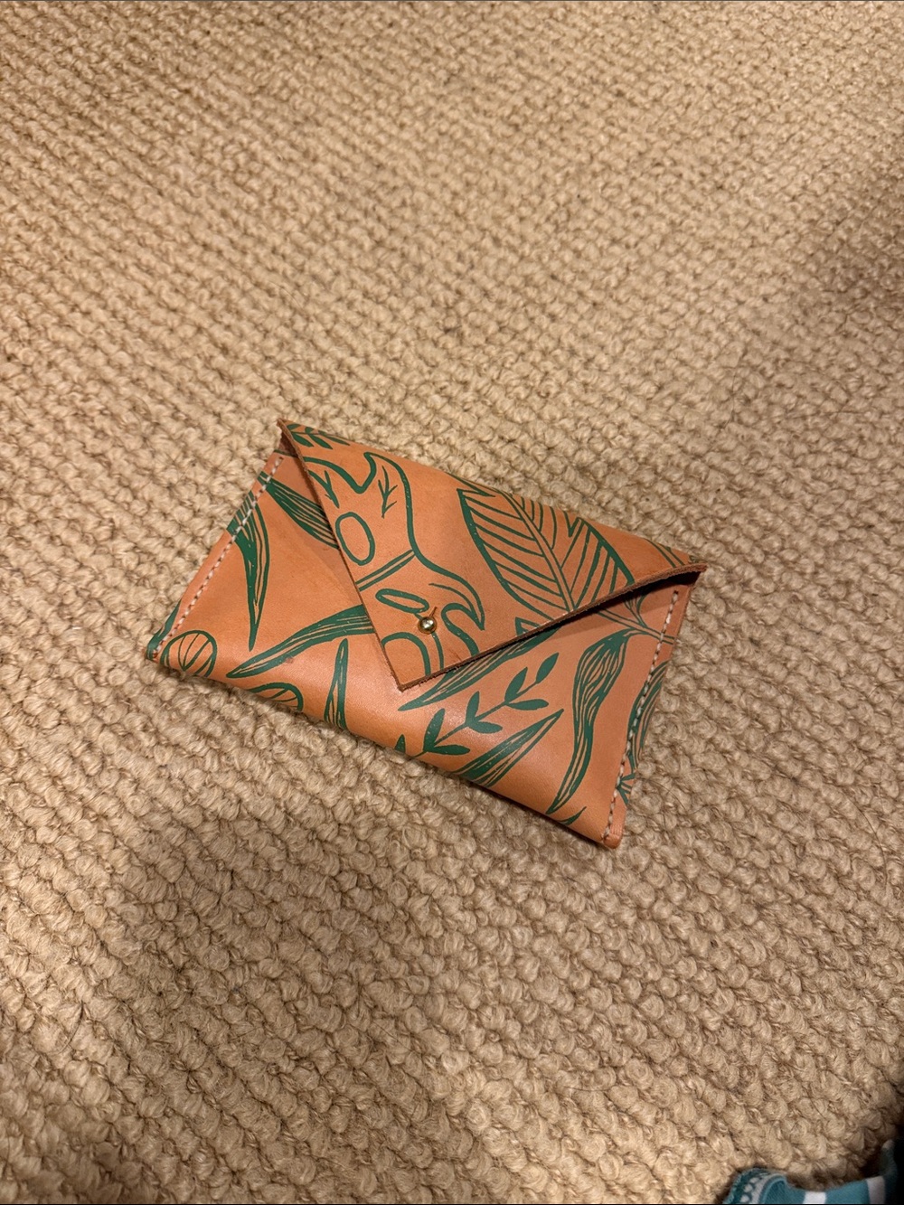 Leather Envelope Style Wallet in Tan with Green Botanical Print